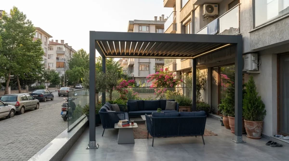 İzmir'de bir villa terasına kurulmuş döner lamelli bioklimatik pergola