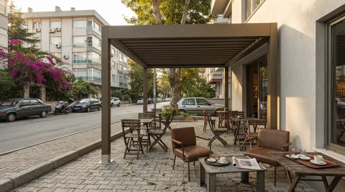 Bioklimatik pergolanın alüminyum lamelleri ve gizli oluklu kiriş detayı