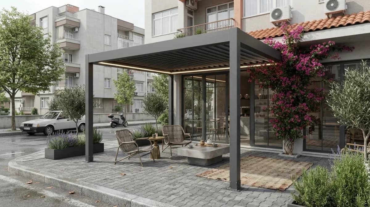 İzmir'de bir villa terasına kurulmuş döner lamelli bioklimatik pergola
