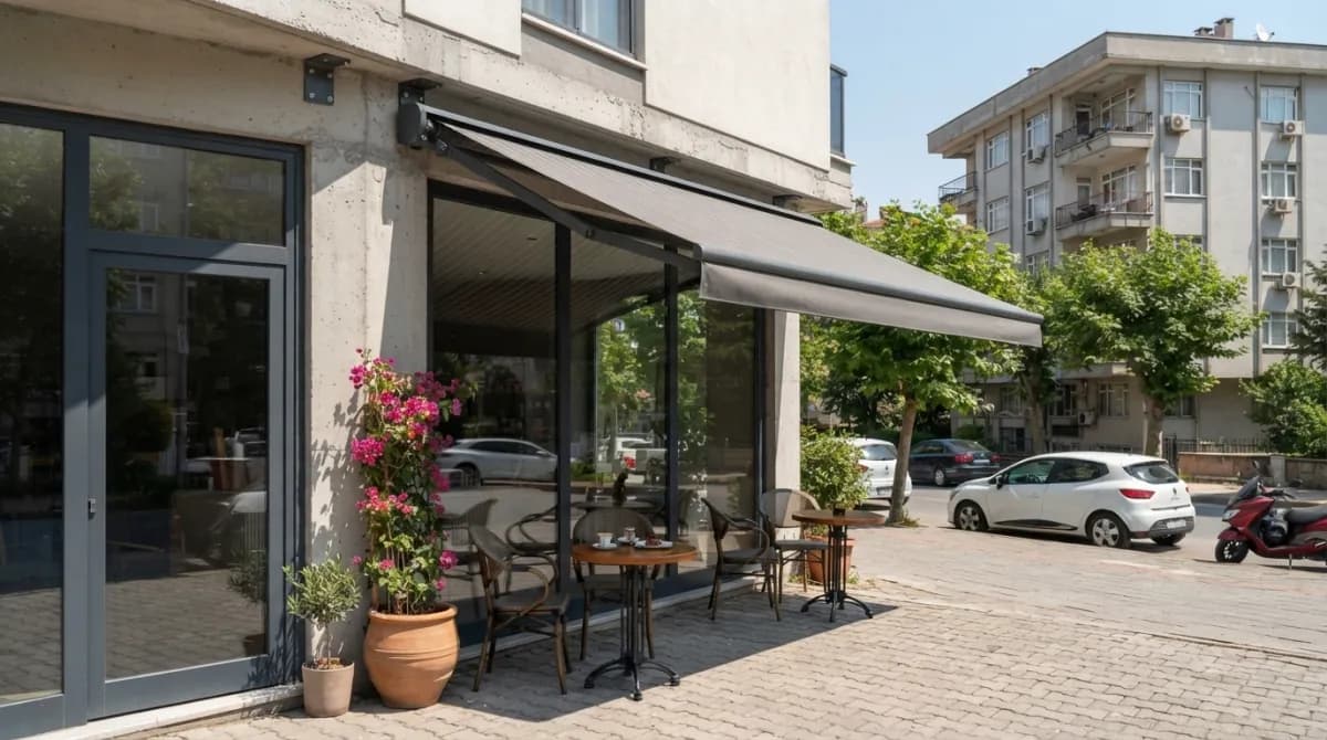 İzmir'de bir balkona uygulanmış dikmesiz mafsallı tente