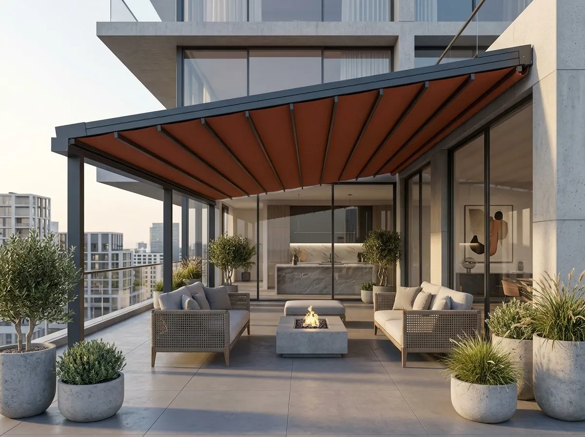 İzmir'de bir bahçeye kurulmuş motorlu otomatik pergola sistemi