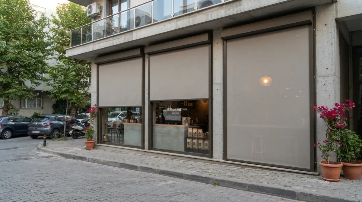 Alsancak'ta bir mağaza vitrinine uygulanmış motorlu zip perde sistemi