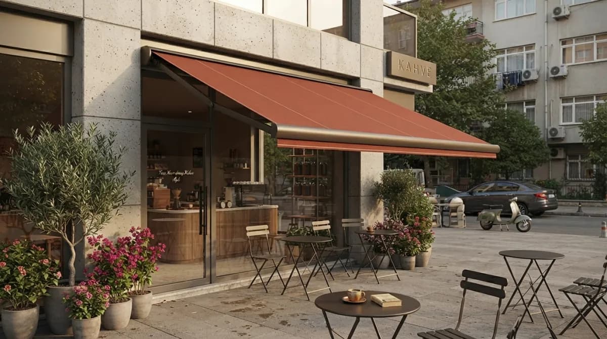 Bornova'da bir kafe cephesine kurulmuş dikmesiz mafsallı tente
