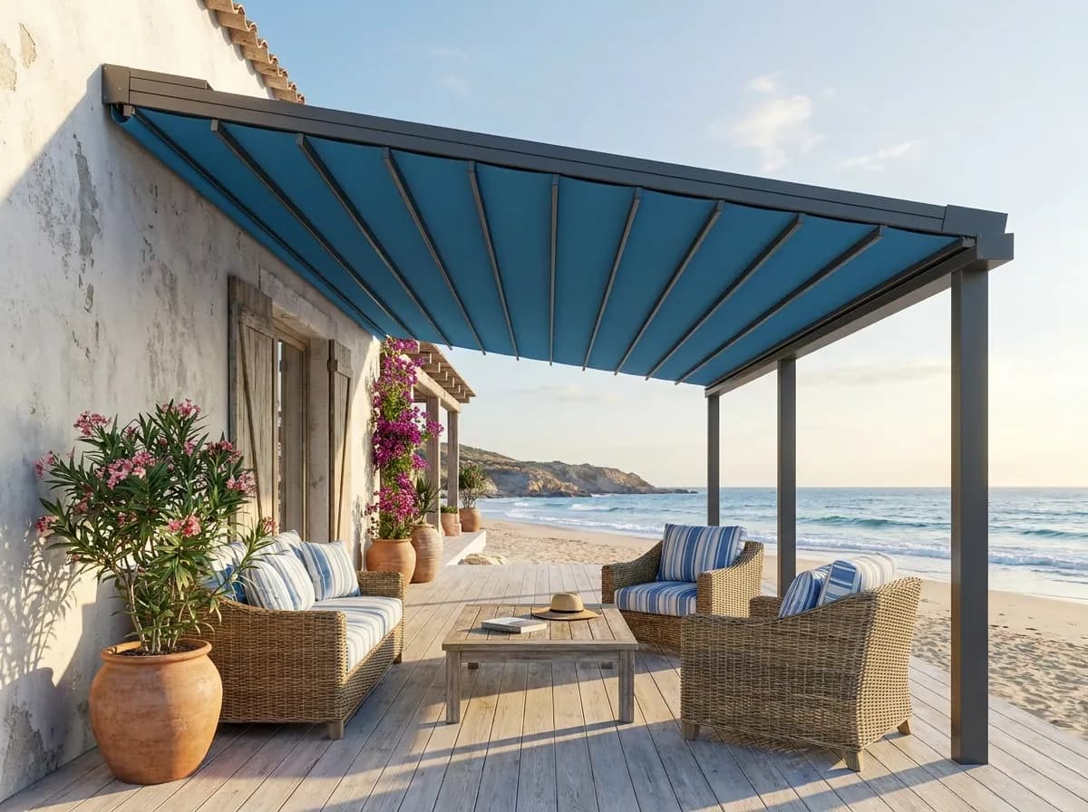 Çeşme'de restoran bahçesini örten motorlu otomatik pergola uygulaması