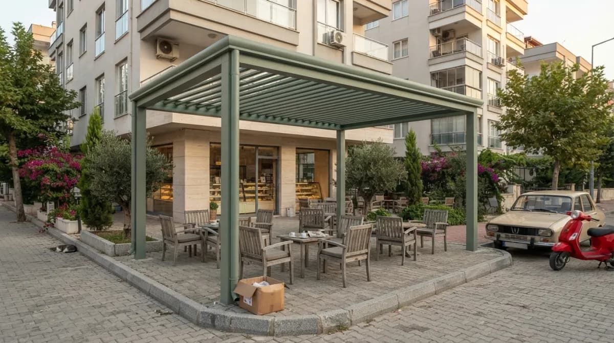 İzmir rollingroof pergola uygulamasında yarı açık membran çatı