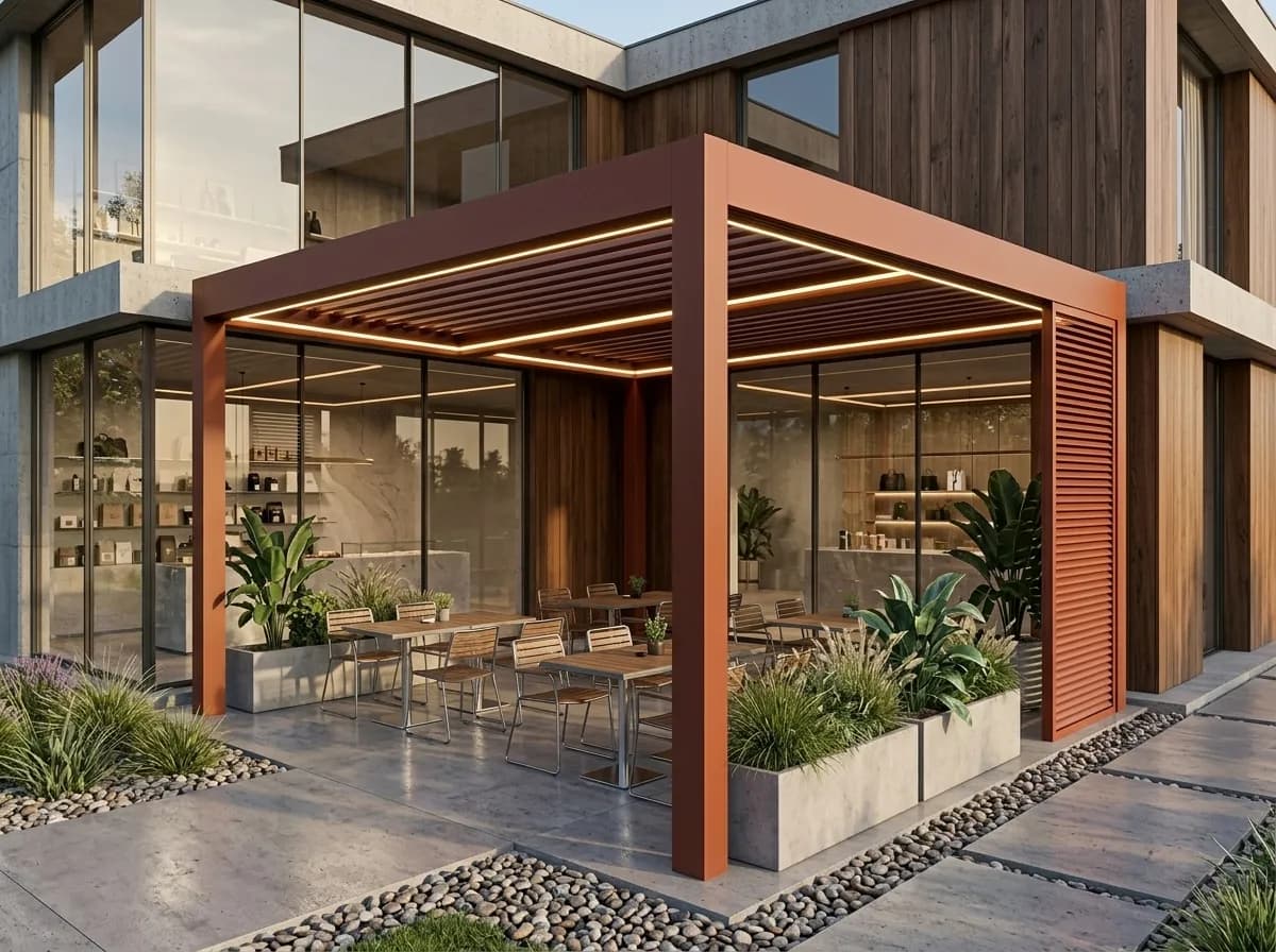 İzmir'de geniş bir bahçeyi örten kayar membran çatılı rollingroof pergola