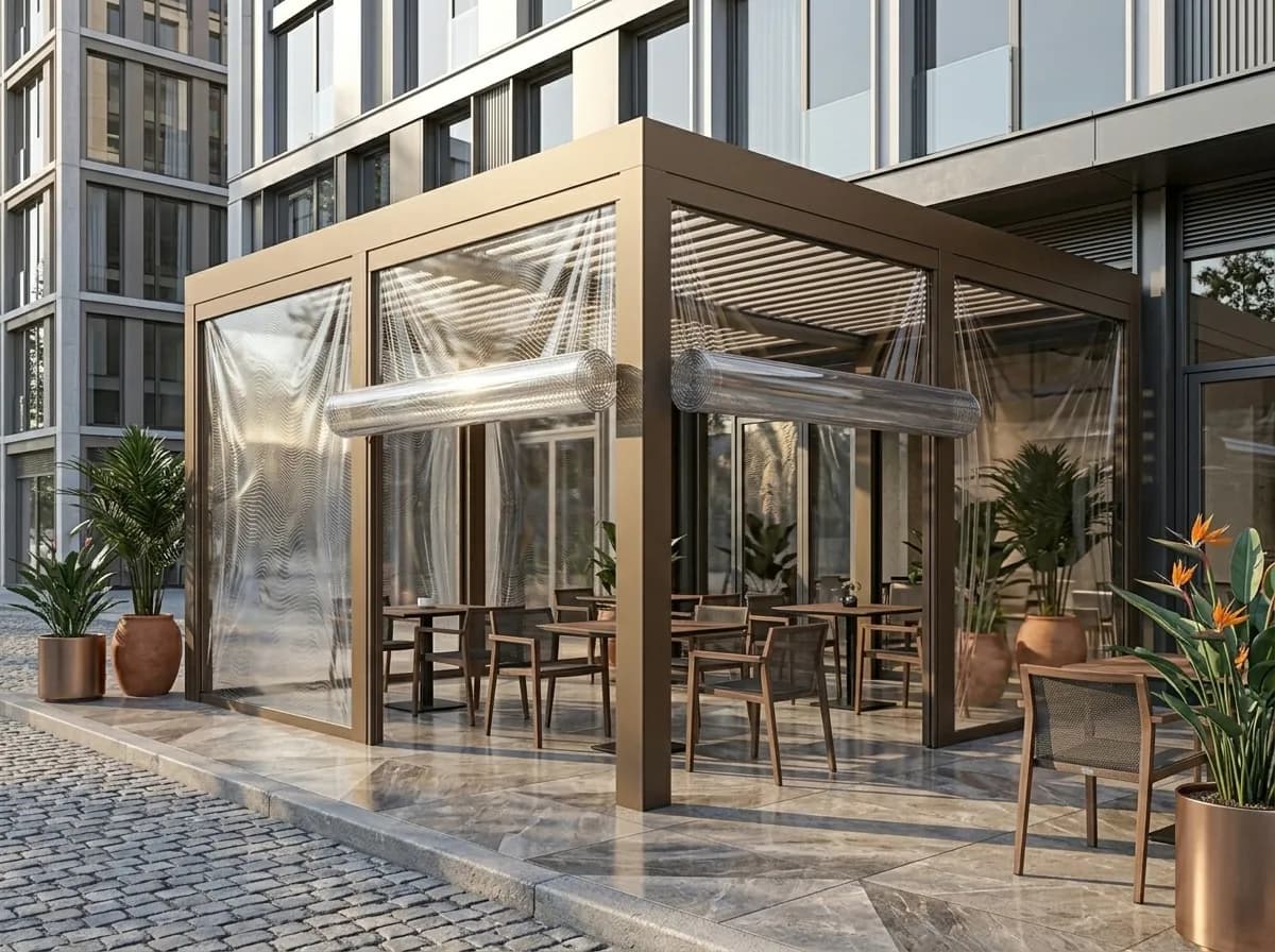 İzmir'de bir kafe terasının kristal PVC şeffaf brandayla kapatılması
