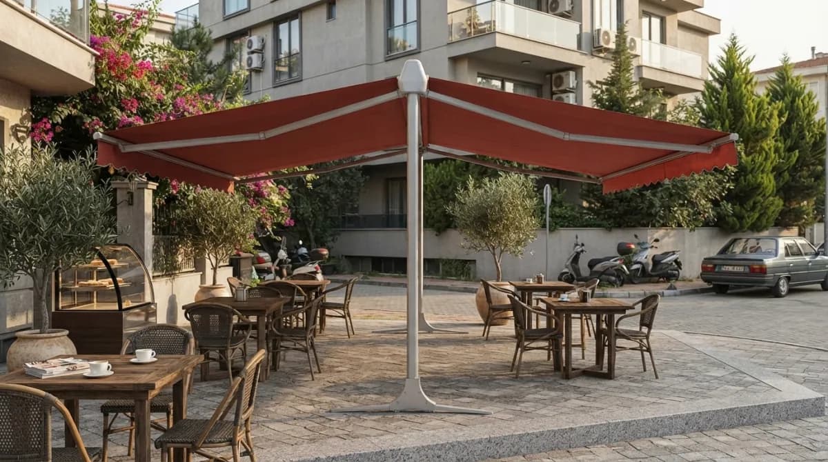 İzmir T model tente uygulamasında iki yana açılan kumaş yüzeyi