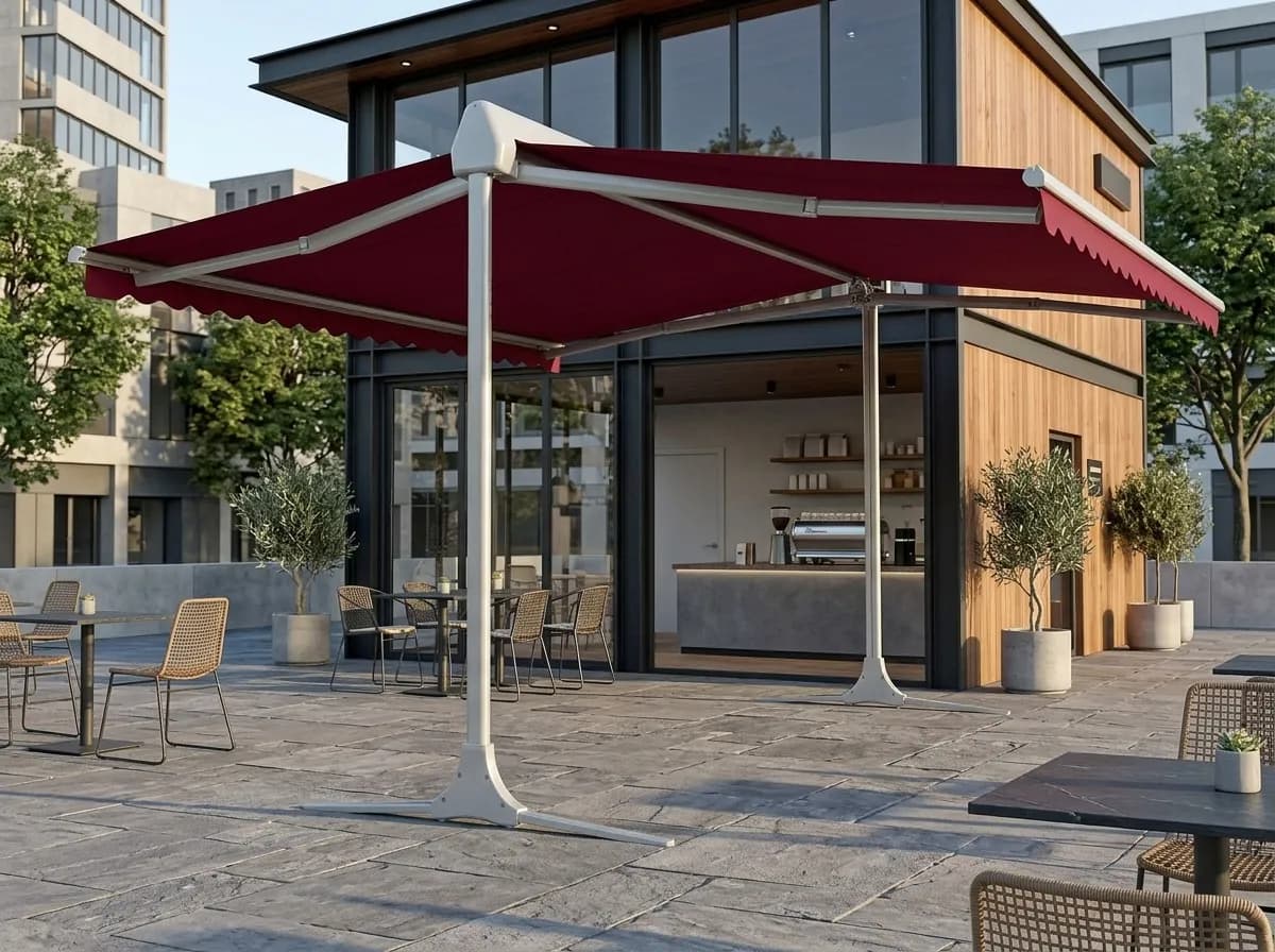 İzmir'de bir kafe terasına kurulmuş çift taraflı T model tente
