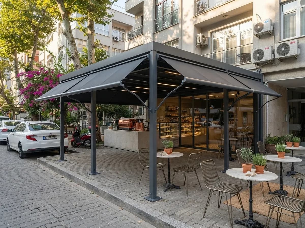 İzmir'de bir kafe terasına kurulmuş dört yana açılan bağımsız win tente modülü