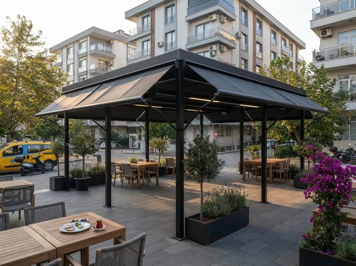 Win tentenin üst çatısı, açılır kanatları ve köşe ayak detayı