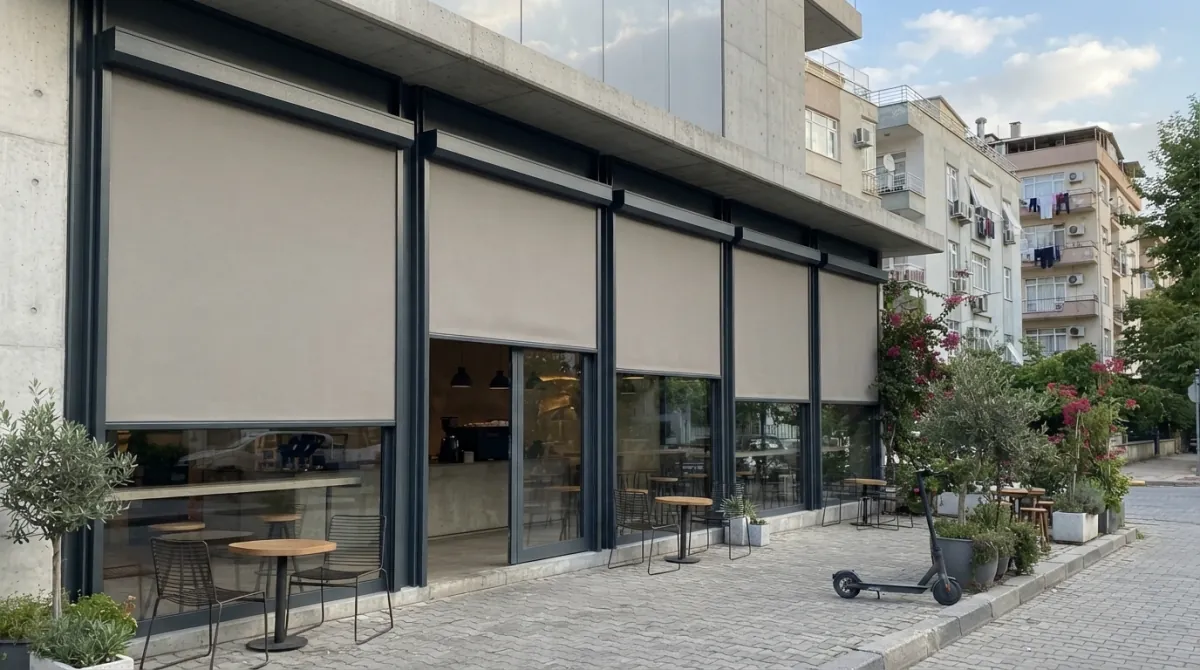 İzmir'de bir pergolanın yan yüzeyine uygulanmış motorlu zip perde