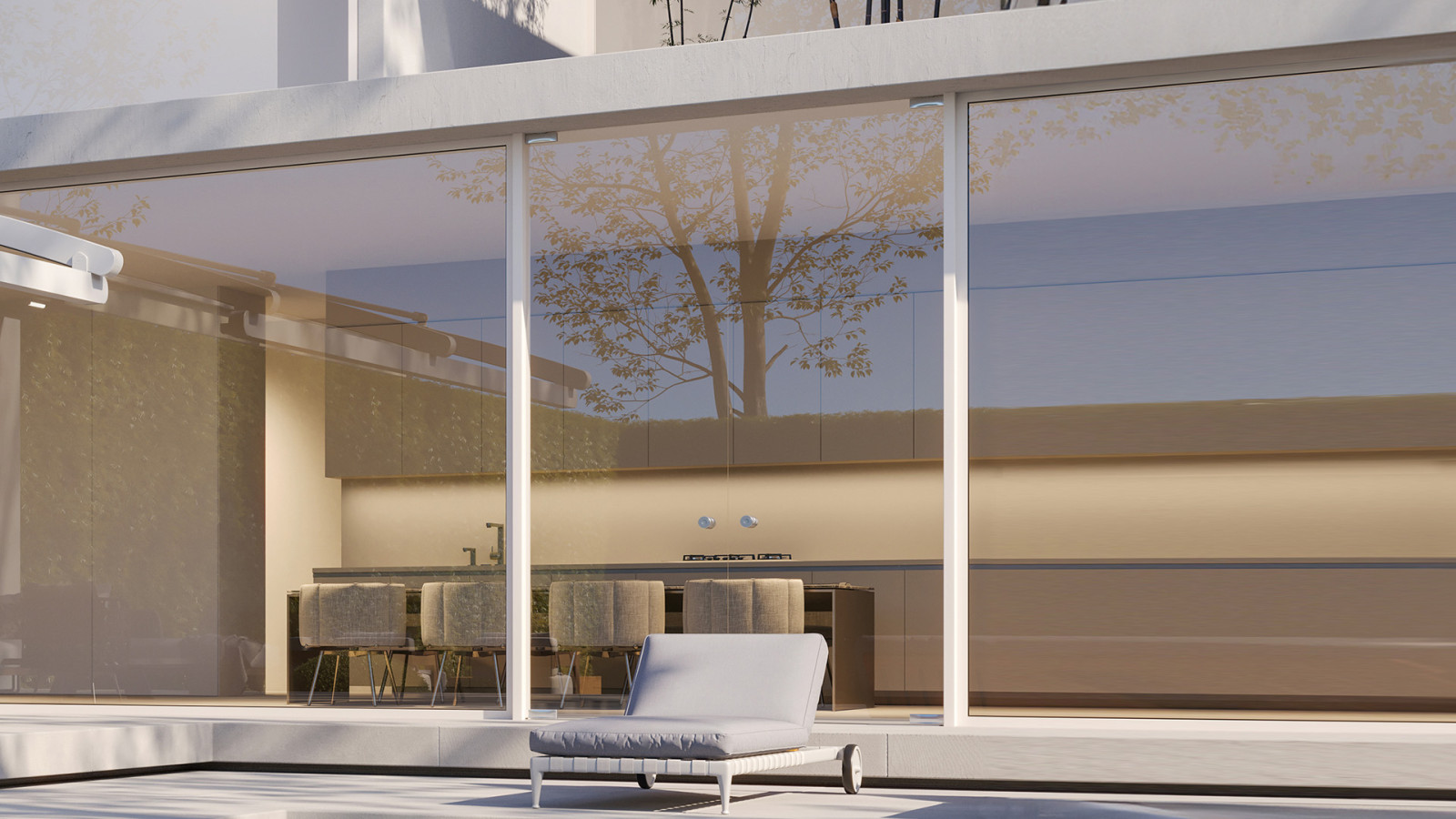 Sakin bir dış mekan ortamında yer alan, verandası ve şeffaf cam kapısı olan şık bir ev.