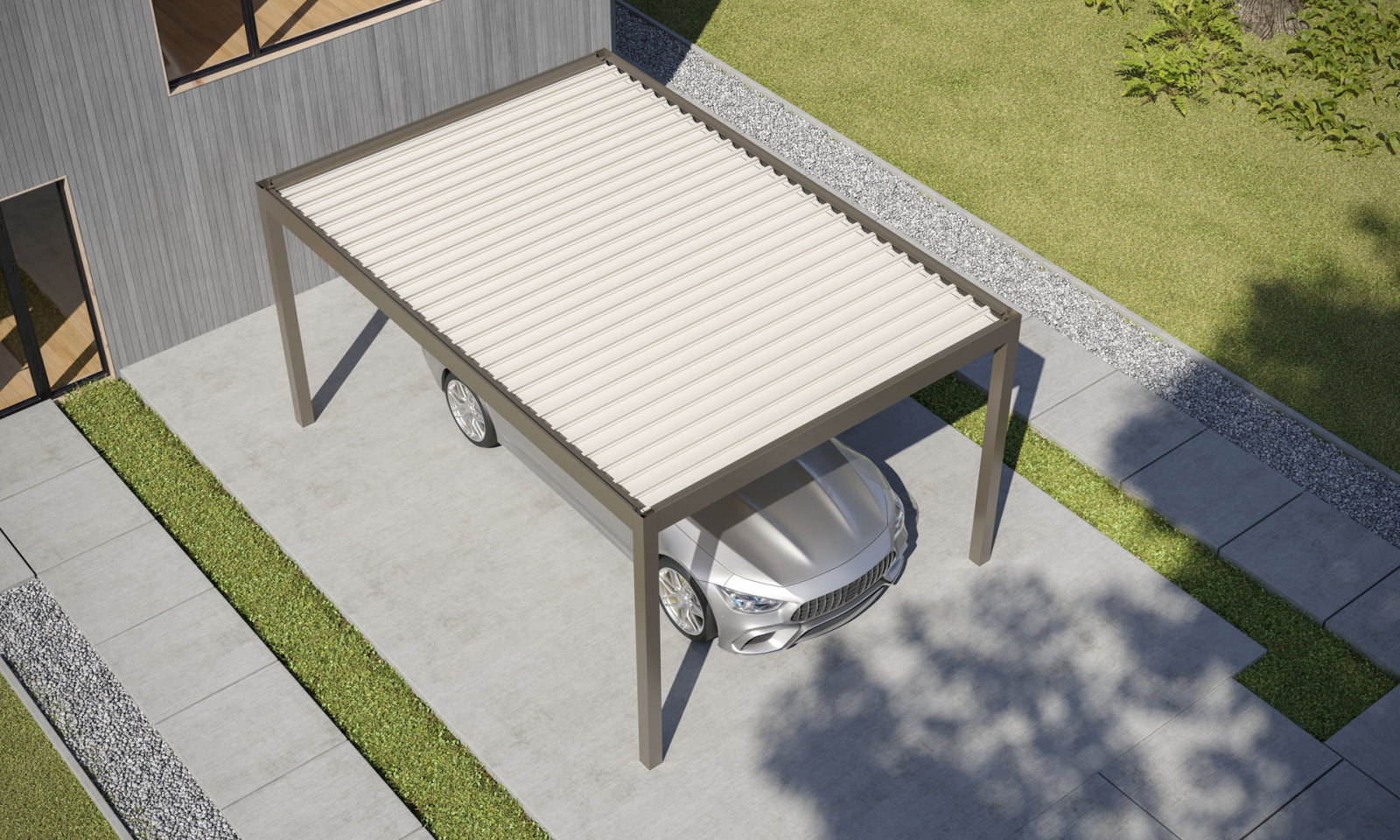 lüks bir villaya ait olan bir spor araba modern bir carport'a park etmiştir.