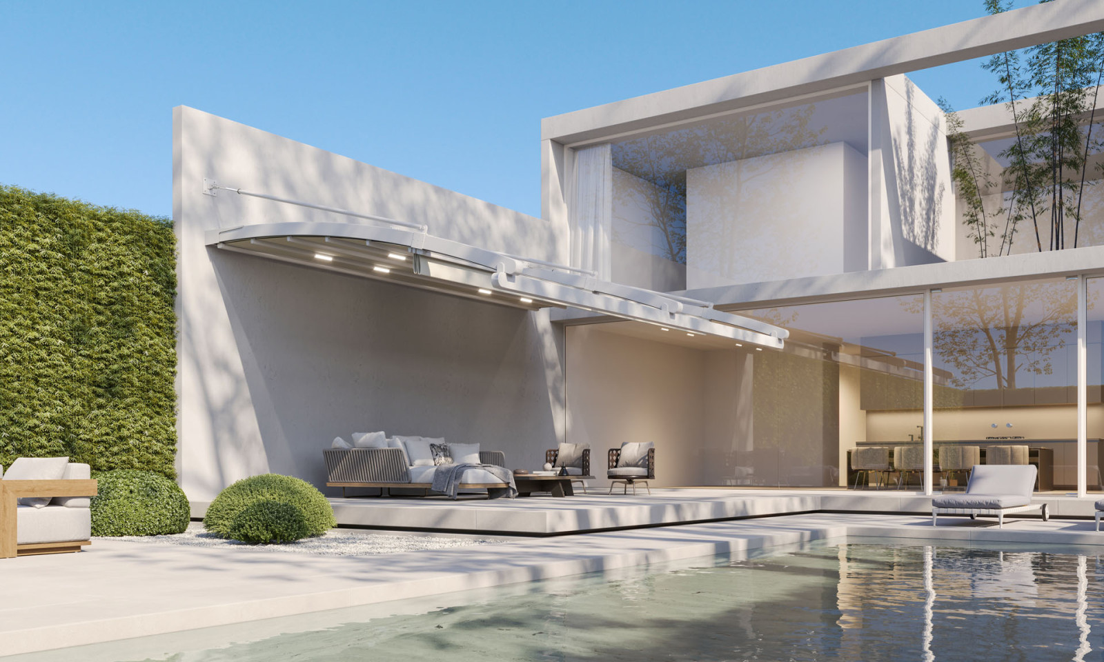 Kumaş pergolalı, havuzlu ve verandalı çağdaş bir evin görüntüsü