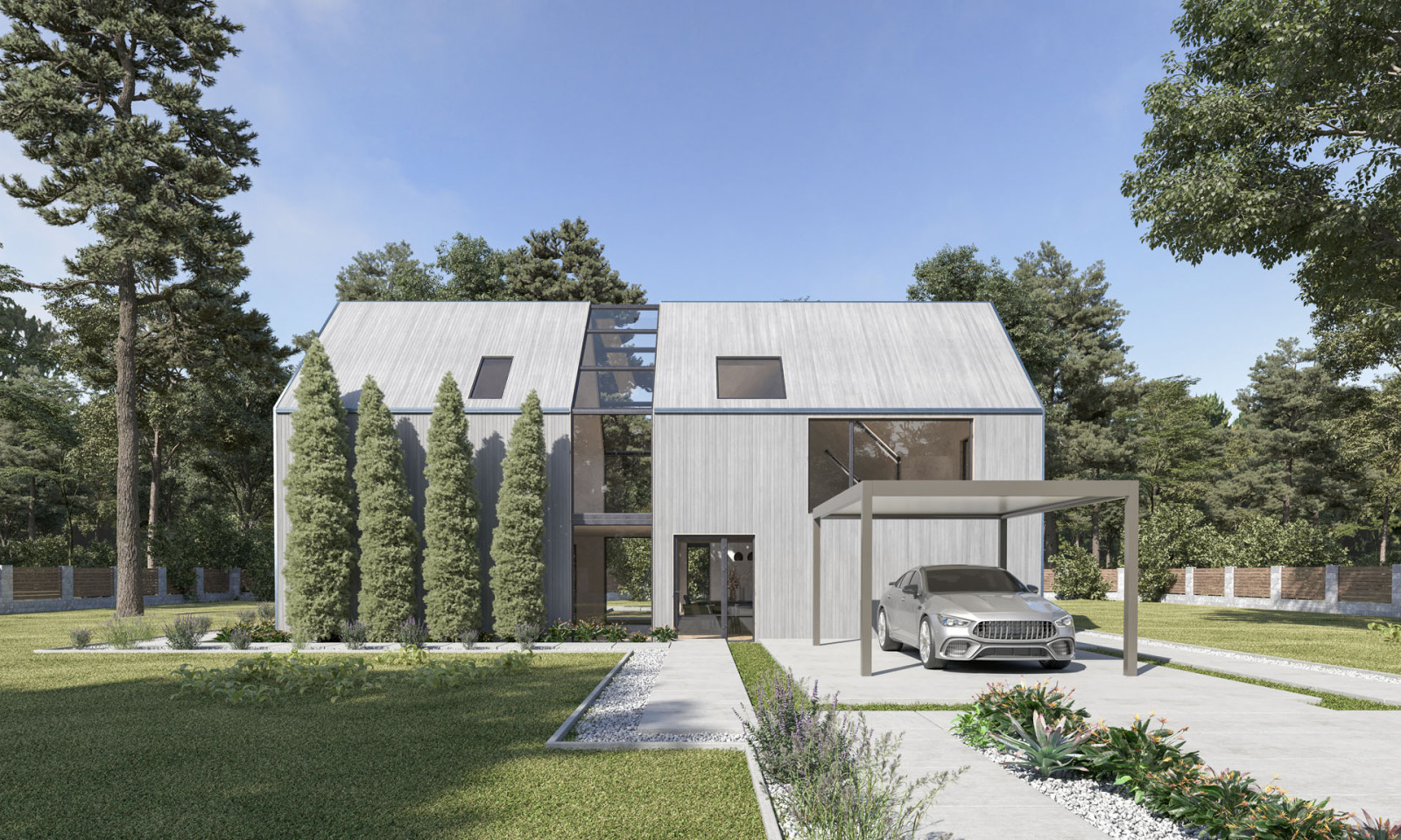 lüks bir villaya ait olan bir spor araba modern bir carport'a park etmiştir.