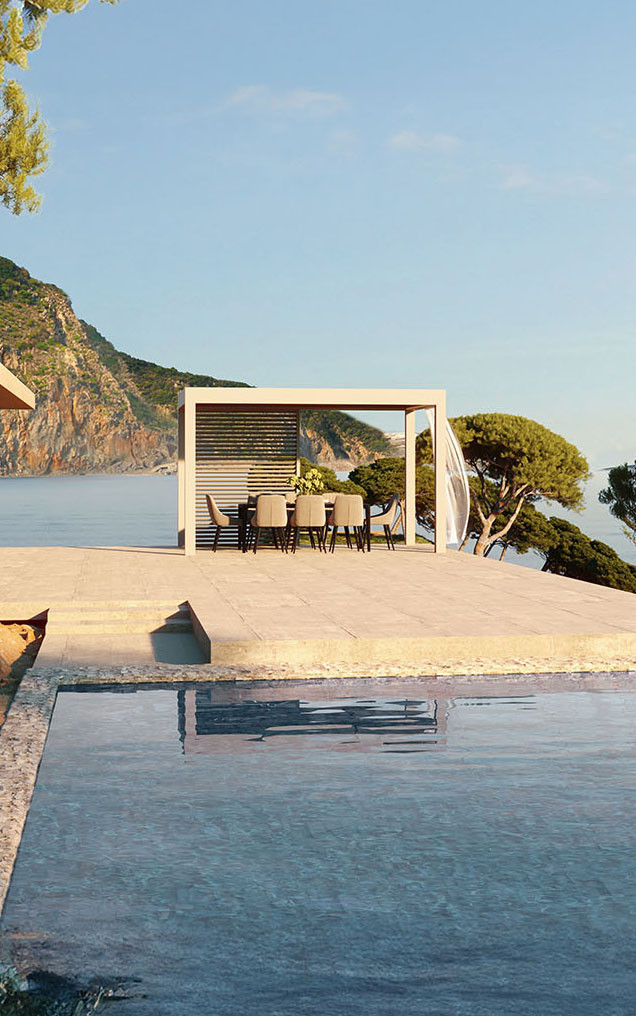 Pergola sistemli, havuzlu ve okyanus kıyısındaki ev