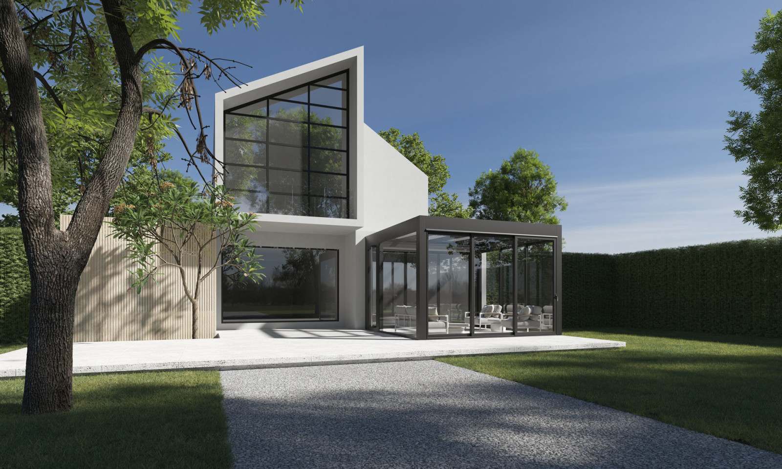 Şeffaf bariyerli, cam tavanlı pergola ve dış mekan oturma alanlı modern villa